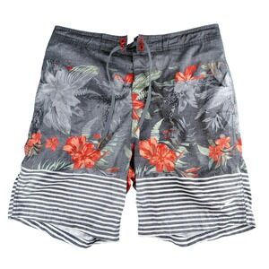 Speedo Mens Swim Trunks Floral Striped Board Shorts Gray Orange Large
